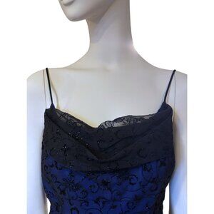 Y2K Prom Dress Maxi 16 Cowl Blue Black Fairy Goth Vintage Burnout Babydoll 90s